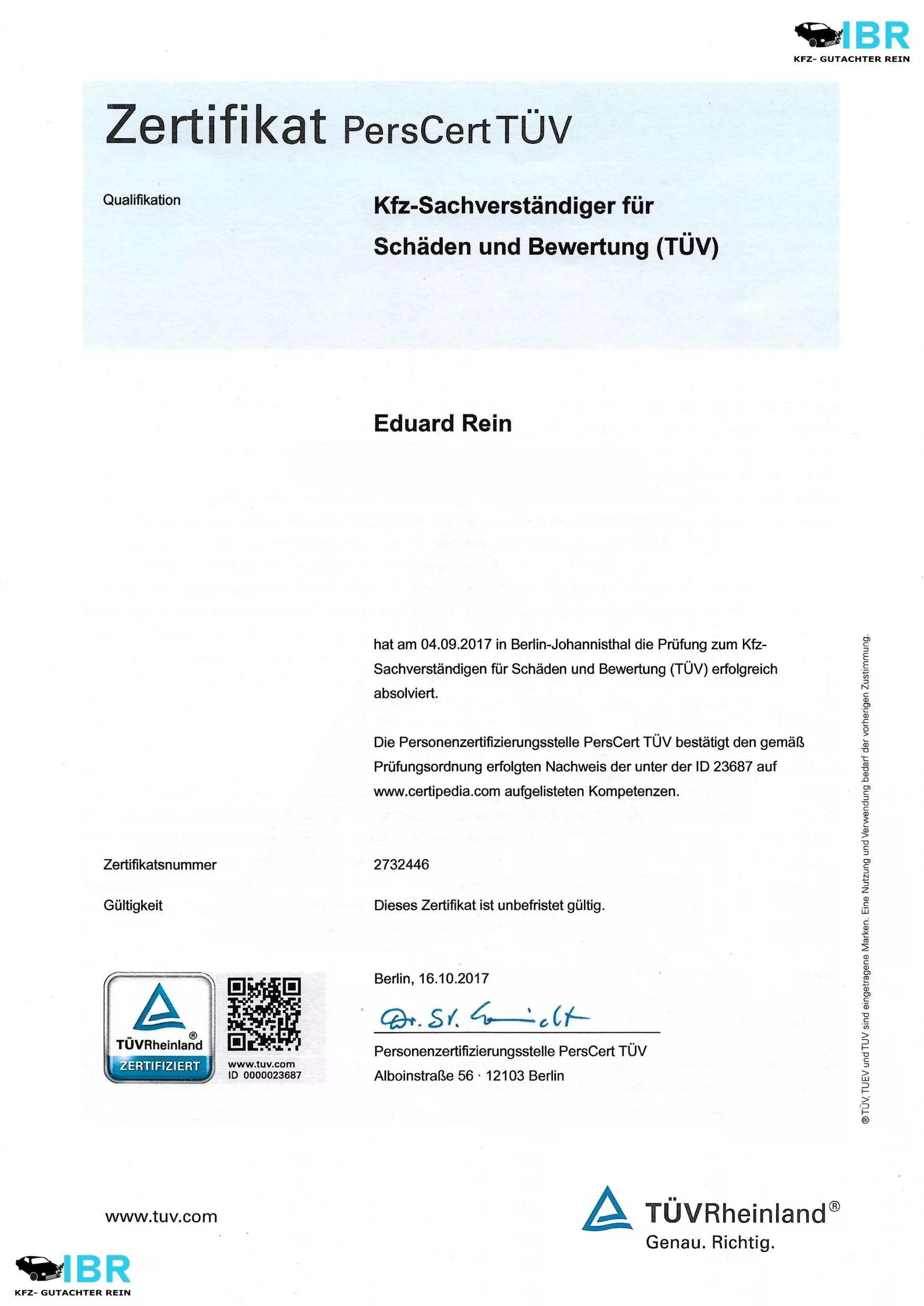 Zertifikat von Tüv Rheinland für Sachverständige für Schaden- und Wertgutachten.