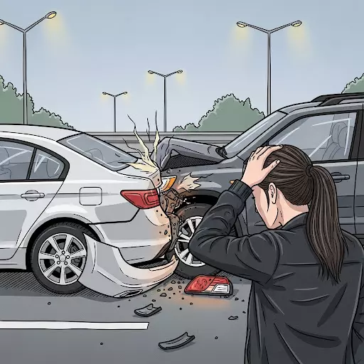 Unfall mit zwei beteiligten Fahrzeugen. Eine Frau steht neben den Fahrzeugen und hält sich mit der linken Hand an den Kopf.